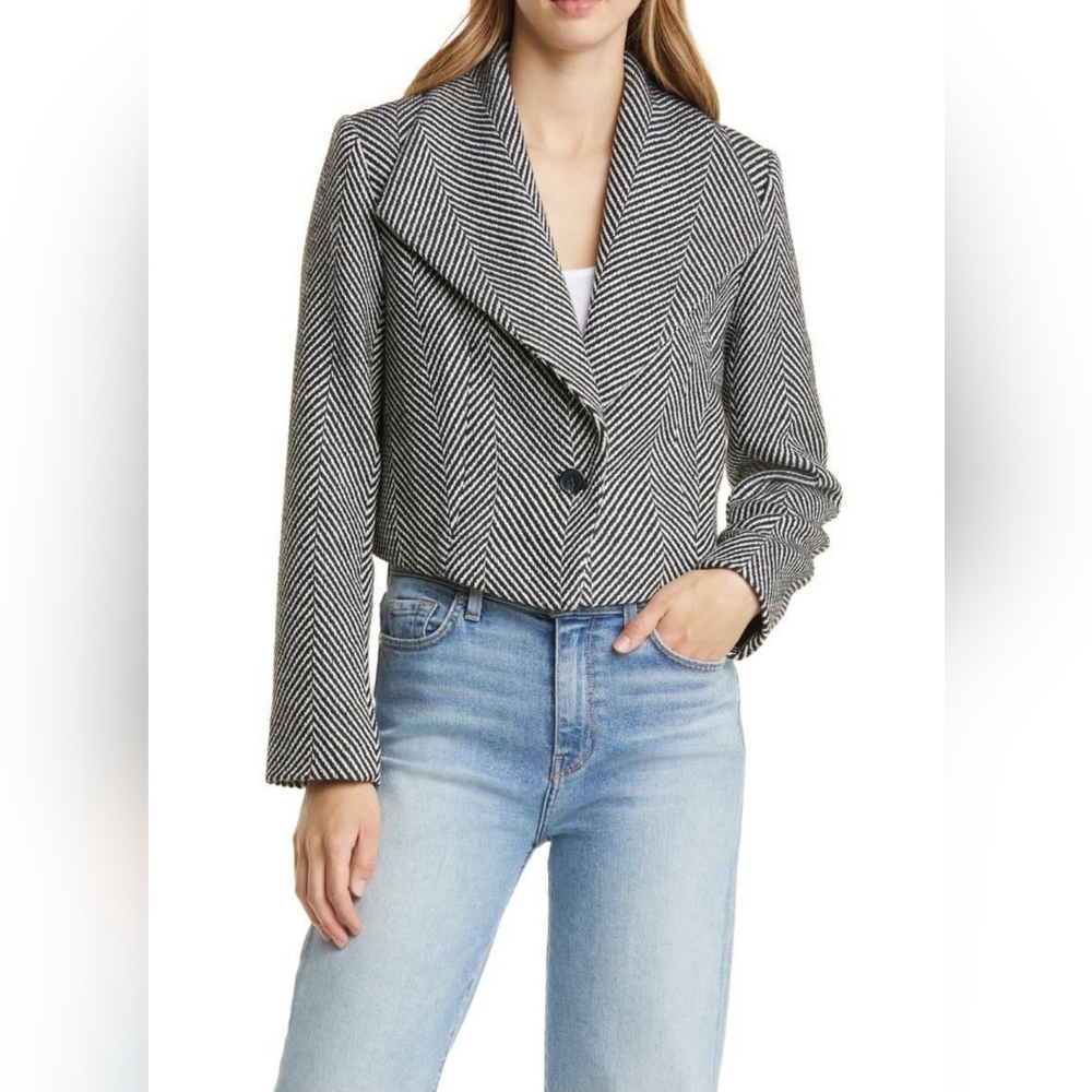 HALOGEN Size 2X Black White Herringbone Wide Lapel Boxy Cropped Peacoat NWT